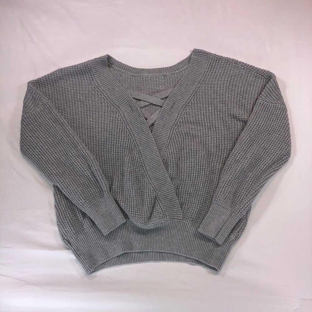 Grey Surplice Wrap Front Crisscross Lattice Knit Sweater Pullover V-Neck